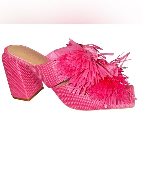 Gianni Bini Shoes - Gianni Bini Sandals Women Pink Raffia Fringe Block Heel Slide Size 9.5